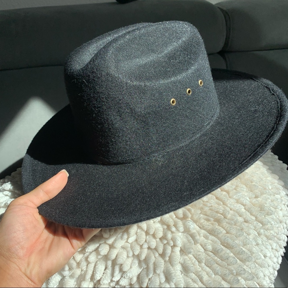 Hard wide brim black hat fedora cowboy cowgirl